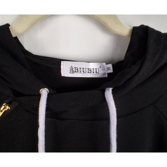 BIUBIU Mini Sweatshirt Dress Size M Black Long Sleeve Hooded Casual Relax - Picture 2 of 11